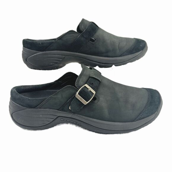 Merrell Encore Buckle Black Nubuck Leather Slip On Mules Clogs Shoes Womens 8.5 - Picture 3 of 12